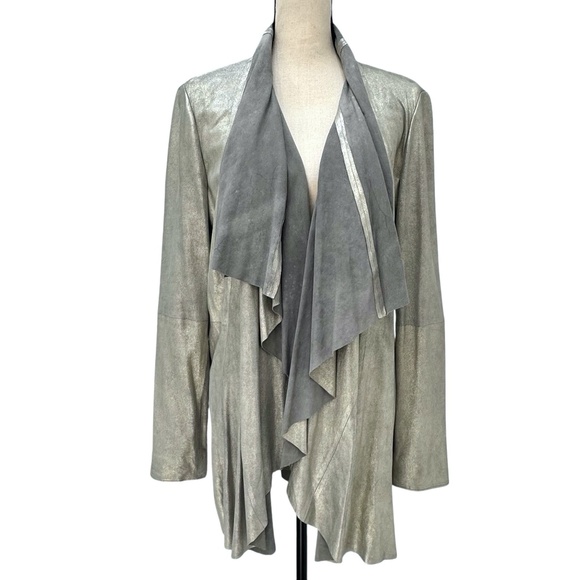 CATHERINE MALANDRINO SILVER METALLIC DRAPED NECKLINE OPEN LEATHER JACKET - NWT - Picture 1 of 13